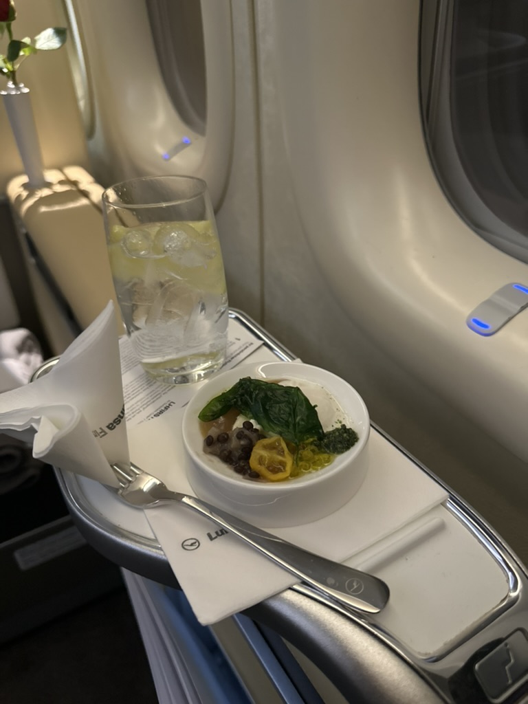 Förrätt serverad vid fönsterplatsen i första klass