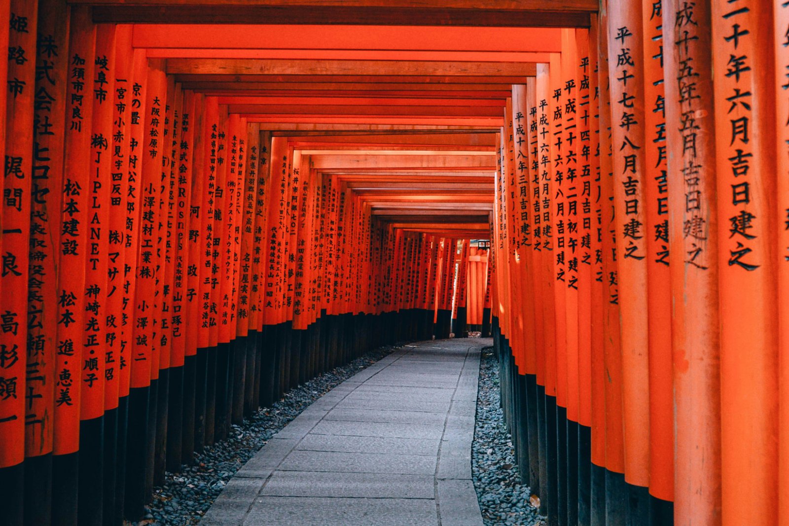 Röda och gyllene toriiproar i takten upp för berget vid Fushimi Inari-taisha