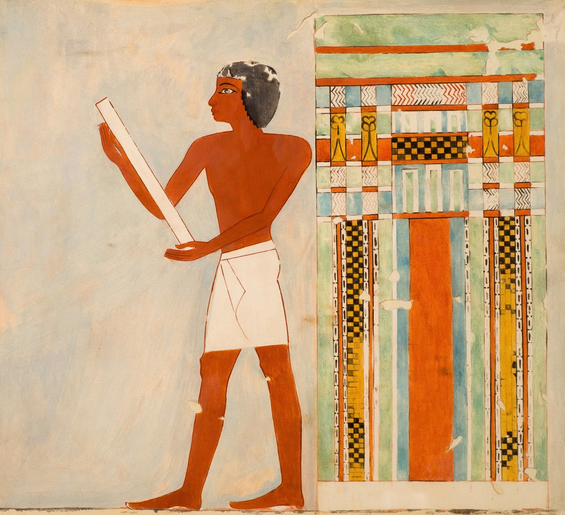 Urkoppling av en egyptisk väggmålning: en man med vit kilt som bär en ritning