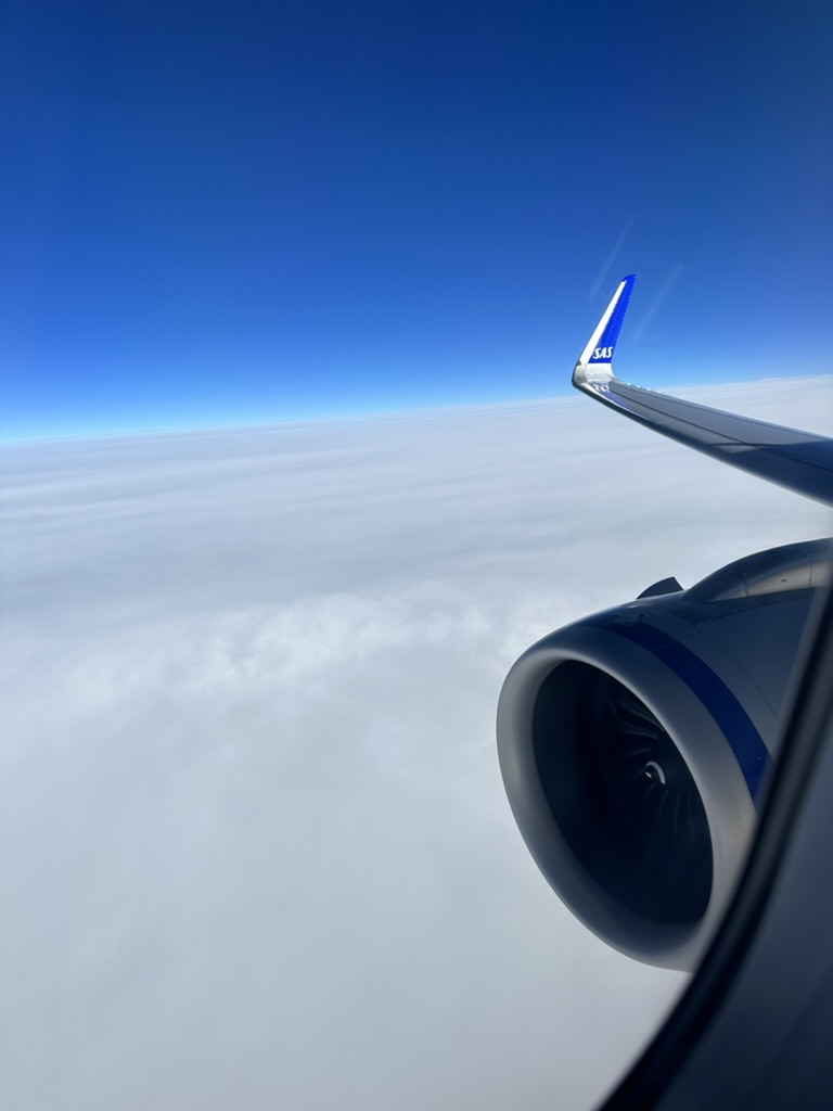Vinge och motor över molnen under ett flyg med SAS