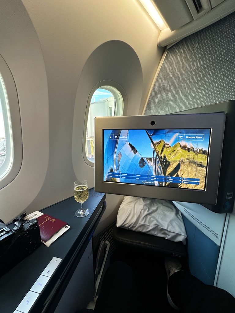 Underhållningsskärm och ett glas vin vid fönsterplatsen