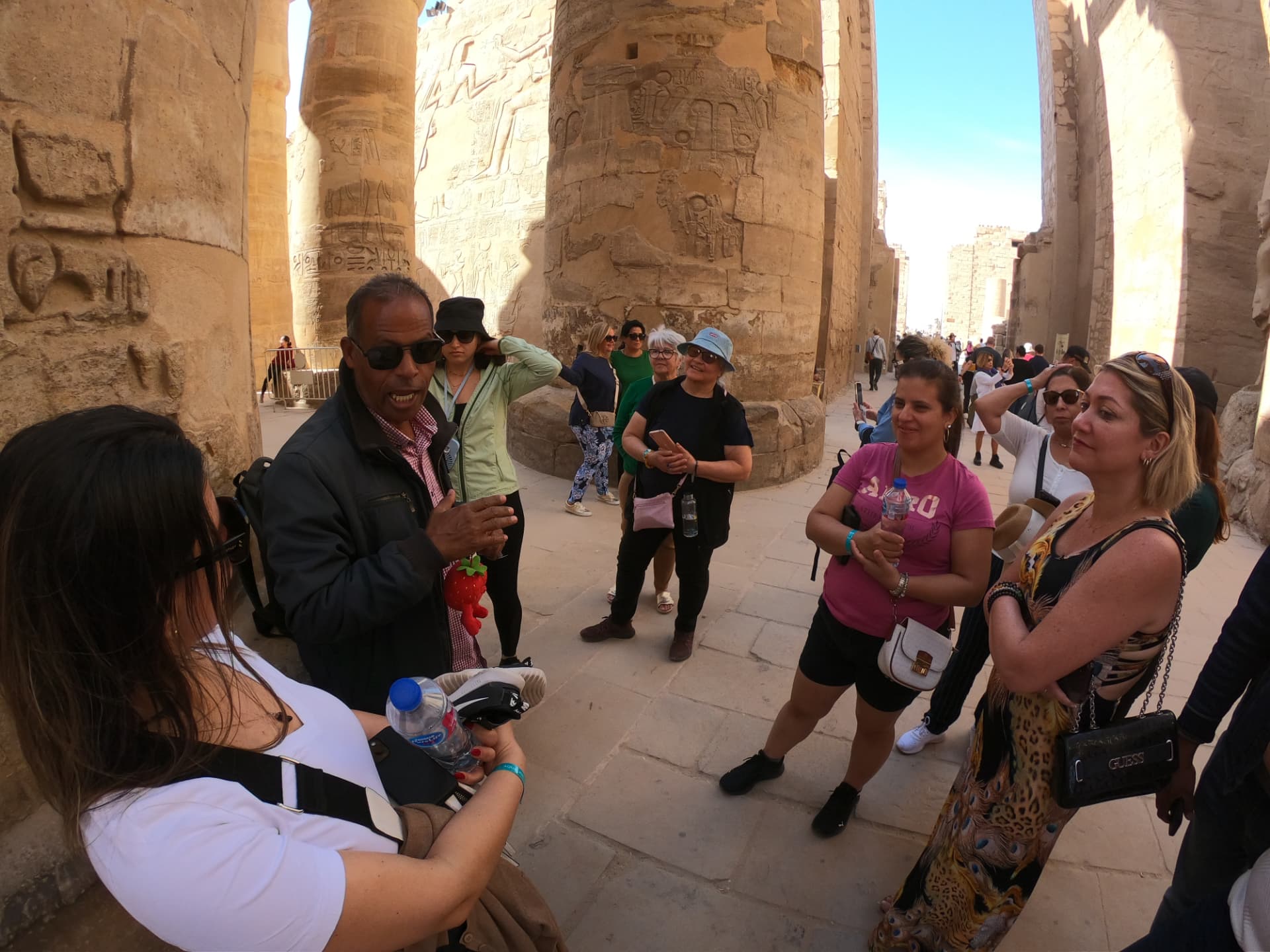 Gruppen i den stora hypostylsalen i Karnak i Luxor, med en egyptisk guide som berättar bland pelarna